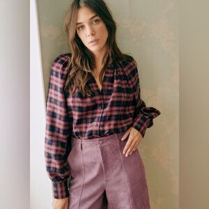 Sézane Lealys 100% Linen Plaid Button Down Long Sleeve Peasant Top, Size 34 / 2